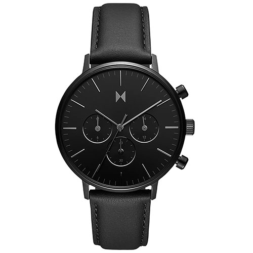 Mens Legacy Traveler Dual Time Panther Black Leather Strap Watch, Black Dial