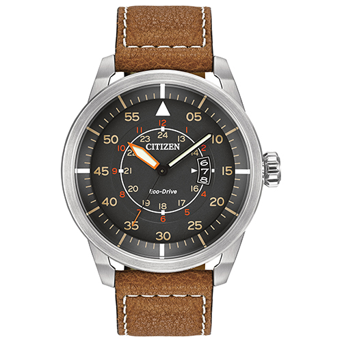 Mens Avion Eco-Drive Brown Leather Strap Watch, Dark Gray Dial