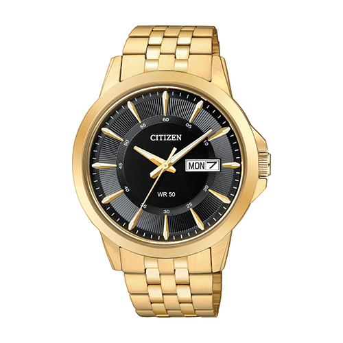 Mens Quartz Gold-Tone Stainless Steel Watch, Black Dial