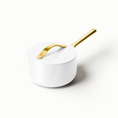 3qt Iconics Nonstick Ceramic Saucepan, White/Gold