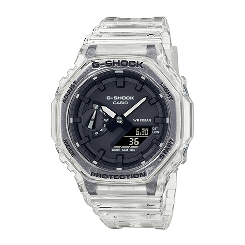 Mens G-Shock Transparent White Analog/Digital Watch, Black Dial