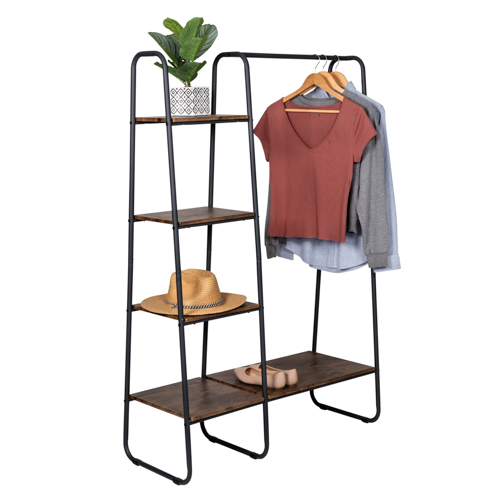Freestanding Metal Clothing Rack w/ Wood Shelves, Black/Natural