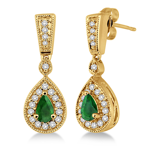 Emerald/Diamond 14k Yellow Gold Teardrop Earrings