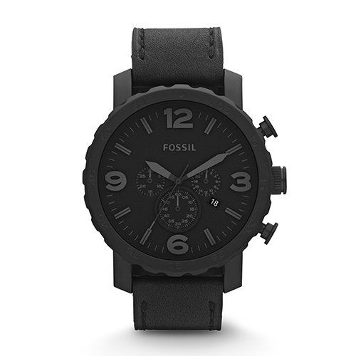 Mens Nate Black Leather Strap Watch, Black Dial