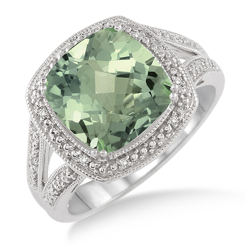 Green Amethyst & Diamond Ring, Size 7.5