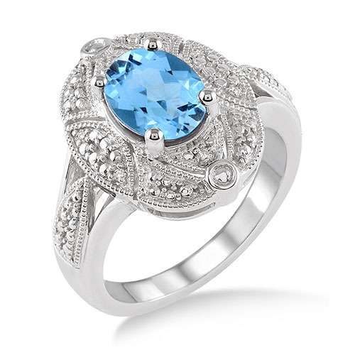 Blue Topaz & Diamond Ring, Size 6
