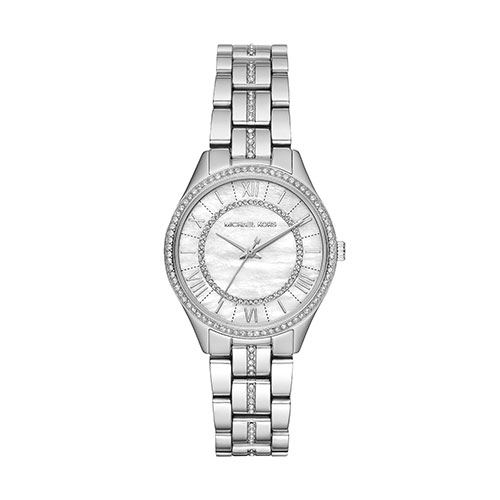 Ladies Mini Lauryn Pave Slv-Tone Watch, Mother-of-Pearl Dial