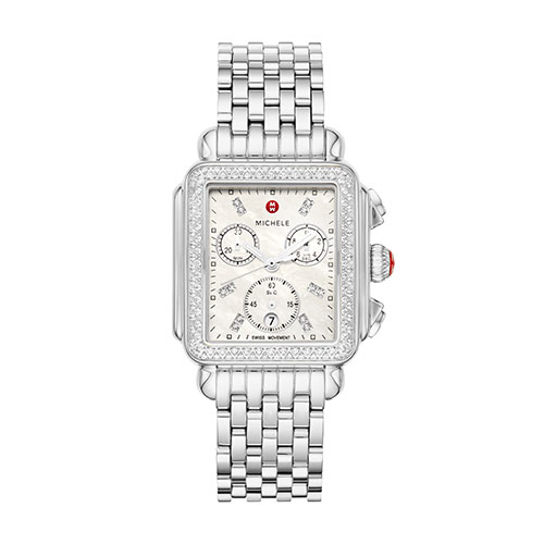 Ladies' Deco Silver-Tone Stainless Steel Diamond Watch, Mother-of-Pearl Dial