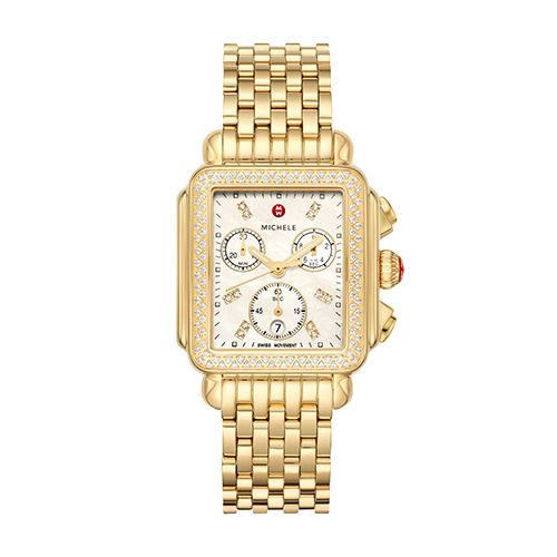 Ladies Deco Gold-Tone 18k Gold Diamond Watch, Mother-of-Pearl Dial