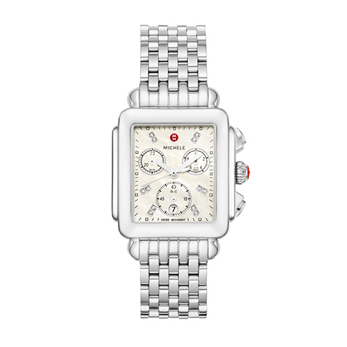 Ladies Deco Silver-Tone Stainless Diamond Watch, Mother-of-Pearl Dial