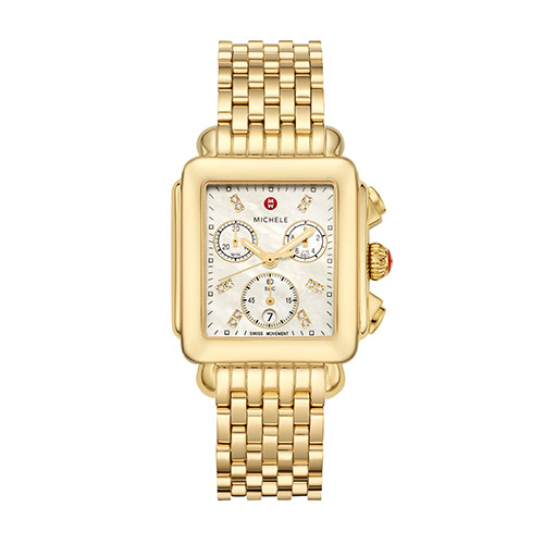 Ladies Deco Gold-Tone 18k Diamond Chronograh Watch, Mother-of-Pearl Dial