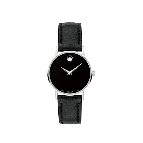 Ladies' Classic Museum Silver & Black Leather Strap Watch, Black Dial