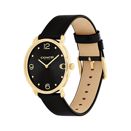 Ladies' Elliot Gold & Black Leather Strap Watch, Black Dial