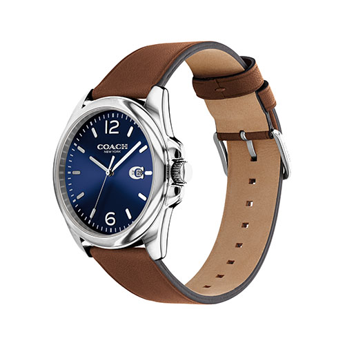 Mens Greyson Brown Leather Strap Watch, Blue Dial