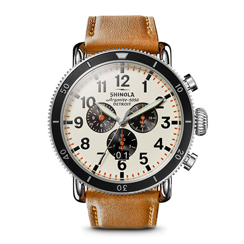 Mens' Runwell Chrono Bourbon Leather Strap Watch, Ivory Dial