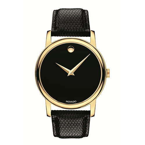Mens Museum Classic Gold & Black Textured Leather Strap Watch, Black Dial