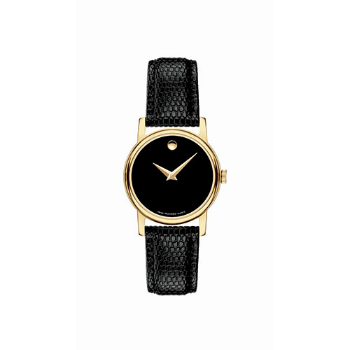 Ladies Museum Classic Gold & Black Textured Leather Strap Watch, Black Dial