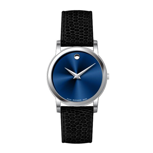 Mens Museum Classic Silver & Black Textured Leather Strap Watch, Blue Dial