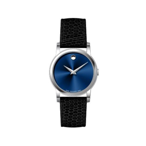 Ladies Museum Classic Silver & Black Textured Leather Strap Watch, Blue Dial