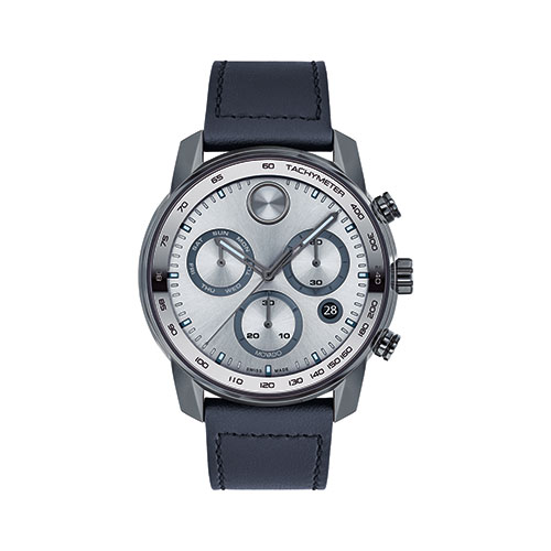 Mens BOLD Verso Chronograph Navy Leather Strap Watch, Military Gray Dial