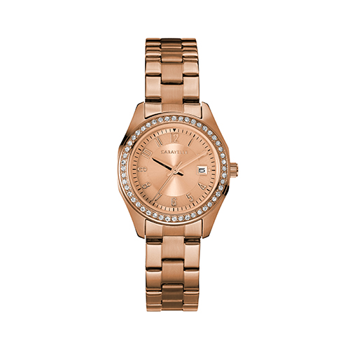 Ladies Crystal Rose Gold-Tone Stainless Steel Bracelet Watch, Rose Gold Dial