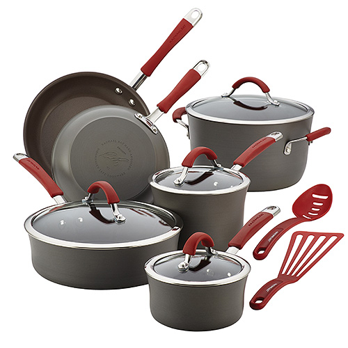 12pc Cucina Hard-Anodized Cookware Set, Red Handles