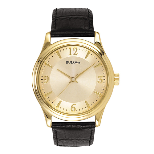 Mens Corporate Collection Black Leather Strap Watch, Gold Dial