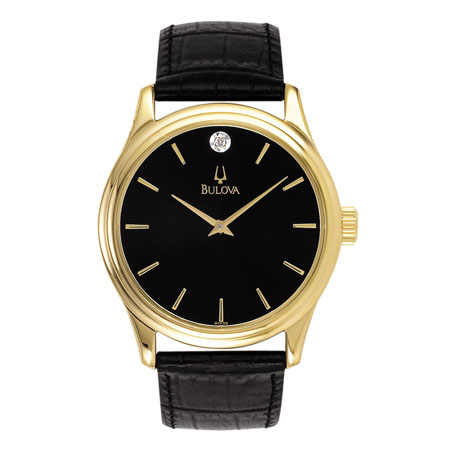 Mens Corporate Collection Gold & Black Leather Strap Watch, Black Dial