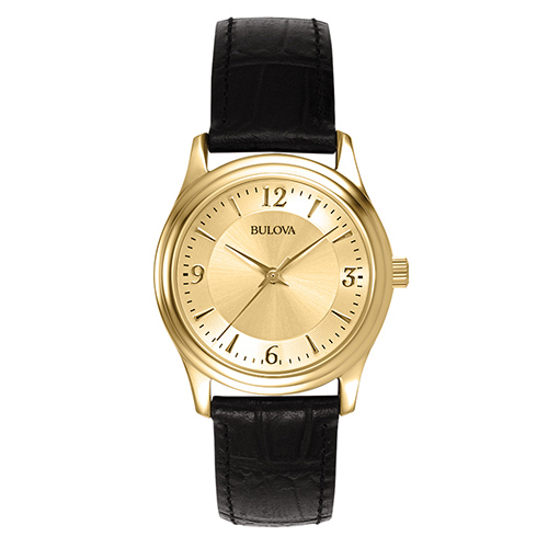 Corporate Ladies Gold-Tone Black Leather Strap Watch, Gold Dial