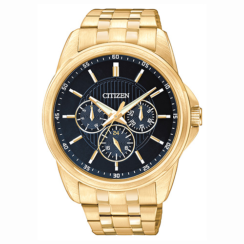 Mens Gold-Tone Stainless Steel Chronograph Watch, Black Dial