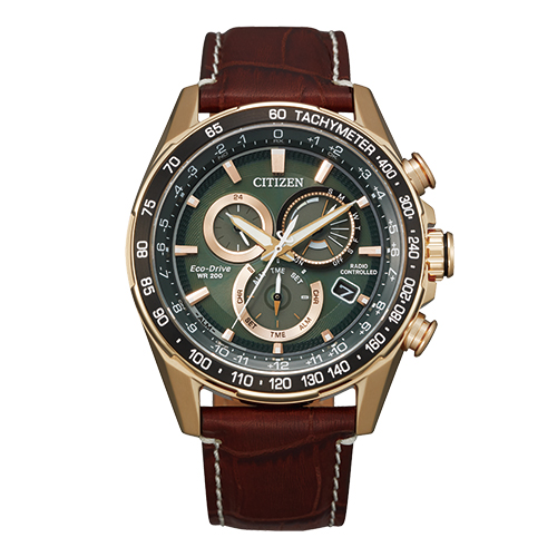Men's PCAT Atomic Eco-Drive Brown Leather Strap Watch, Green Dial