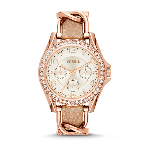 Ladies Riley Rose Gold-Tone Crystal Leather Watch, Beige Dial