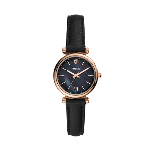 Ladies Carlie Mini Rose Gold & Black Leather Strap Watch, Black Dial