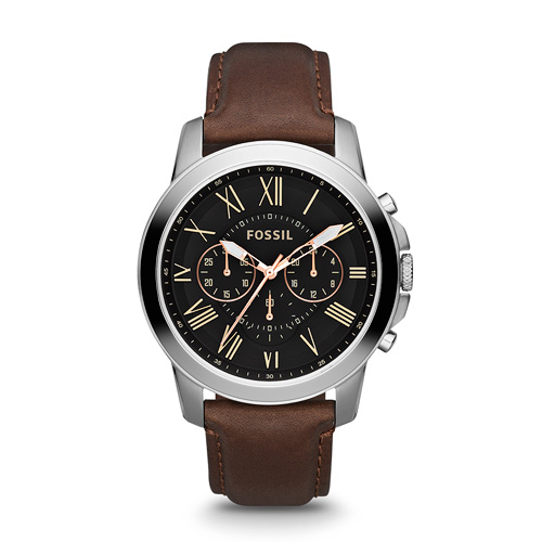 Mens Grant Chronograph Brown Leather Strap Watch, Black Dial