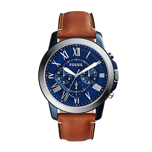 Mens Grant Chronograph Brown Leather Strap Watch, Blue Dial
