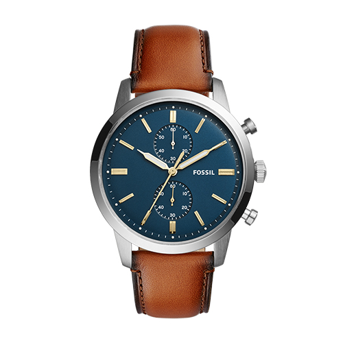 Mens Townsman Chronograph Brown Leather Watch, Dark Blue Dial