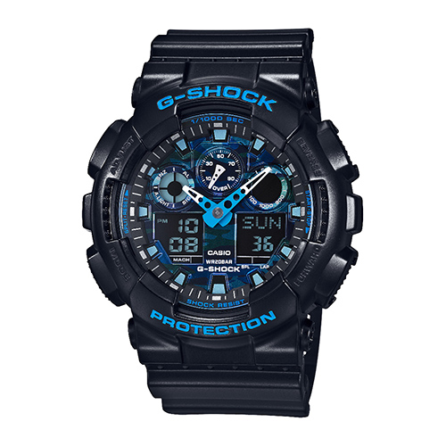 Mens G-Shock Ana-Digi Black Resin Watch, Blue Camouflage Dial