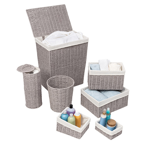 7pc Twisted Paper Rope Woven Bathroom Storage Basket, Gray