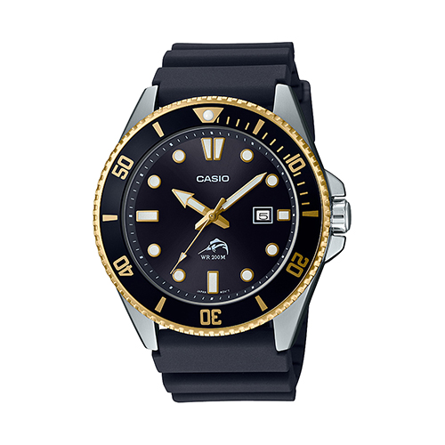 Mens Diver Inspired Black & Gold Resin Watch, Black Dial