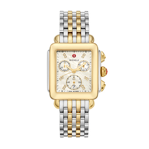Ladies Deco Two-Tone 18k Gold Diamond Watch, Mother-of-Pearl Dial