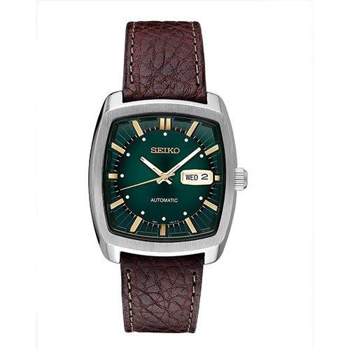 Mens Recraft Automatic Brown Leather Strap Watch, Green Dial