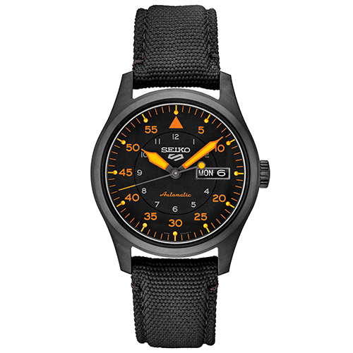 Mens Seiko 5 Sport Automatic Black & Orange Nylon Strap Watch, Black Dial
