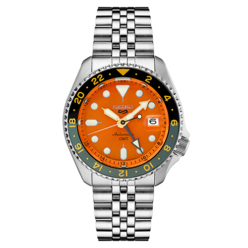Mens Seiko 5 Sport SKX GMT Series Silver-Tone Watch, Orange Dial