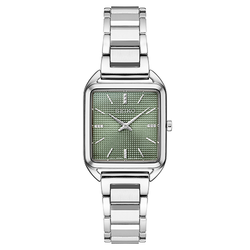 Ladies Essentials Square Silver-Tone Stainless Steel Watch, Olive Green Dial