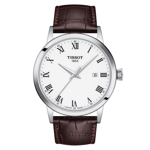 Men's Classic Dream Gray & Brown Leather Strap Watch, White Dial
